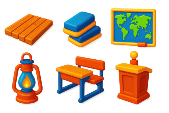 Variety of school-related items, including a desk, a chair, a globe