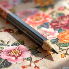 Close-up of a sharpened pencil resting on floral-patterned surface
