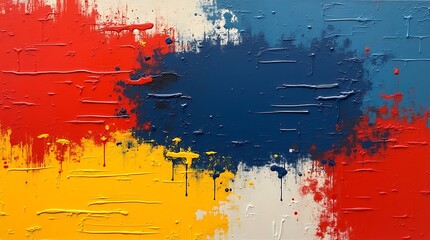 Textured abstract art with vivid red, blue, yellow paint colors