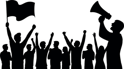 Crowd of Silhouetted People Protesting with Flag and Megaphone illustration
