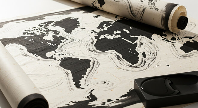 Artistic World Map on Scroll Painted in Traditional Black Ink
A creative and elegant overhead close-up of a partially unrolled traditional East Asian art scroll featuring a map of the World rendered 