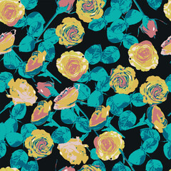 Bold seamless pattern featuring yellow and pink roses with teal leaves on a dark background. A lively, modern floral design with a graphic, high-contrast feel.