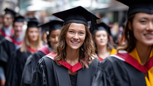 Close up, Graduates walking proudly in academic gowns - Powered by Adobe