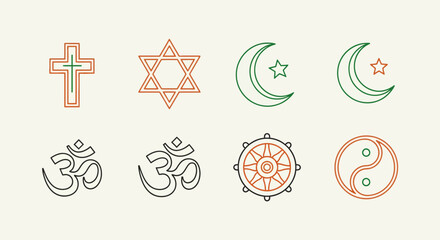 Linear religious symbols: cross, star, crescent, om, dharma wheel, yin yang