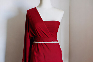 Red Draped Dress Fabric on Mannequin – Fashion Design & Tailoring Concept