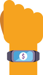 Hand wearing a smartwatch showing a dollar sign on the screen