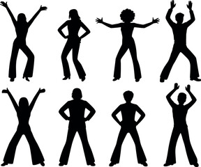 Silhouetted People Dancing with Retro Flair and Energetic Poses