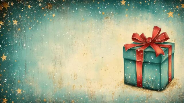Festive holiday gift box with red ribbon on starry background