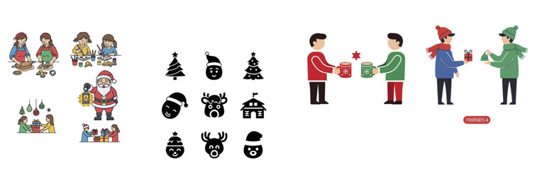 Collection of Christmas illustrations and icons featuring people and festive symbols.