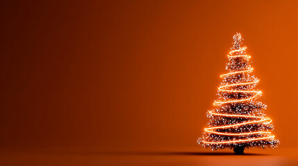 orange neon Christmas background with christmas tree and empty space for text