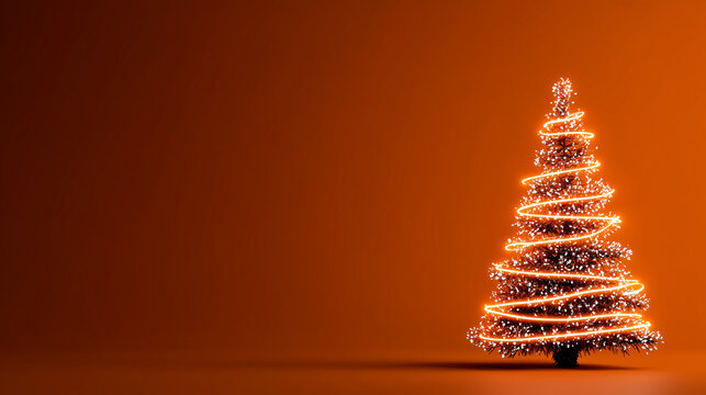 orange neon Christmas background with christmas tree and empty space for text
