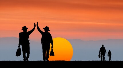 A group of soldiers are walking across a field with a sunset in the background. The silhouettes of the soldiers are raised in a high five, symbolizing camaraderie and teamwork