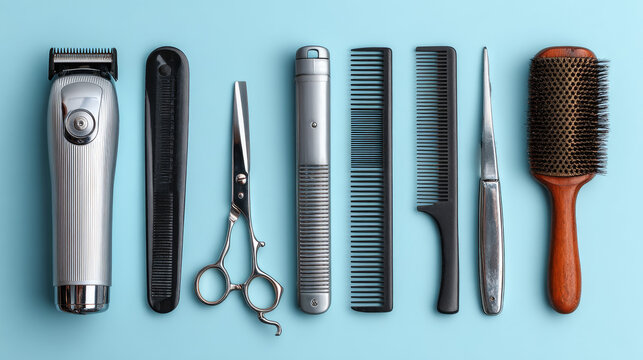 Barber tools on a blue background: hair clipper, comb, scissors, and brush. Men’s hairstyling equipment for home haircuts and male grooming. Hairdresser electric tools, top view, flat lay.
