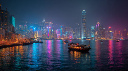 Nighttime cityscape of Victoria Harbour in Hong Kong, Asia.

