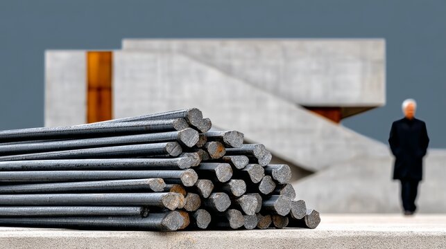 A pile of steel rods is stacked on top of each other. A man is walking behind the pile. Scene is somewhat somber, as the man is alone