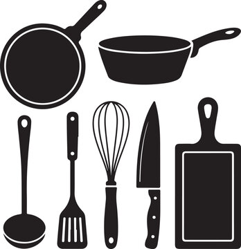 Black kitchen utensils and cookware silhouettes on white background