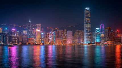 Nighttime cityscape of Victoria Harbour in Hong Kong, Asia.
