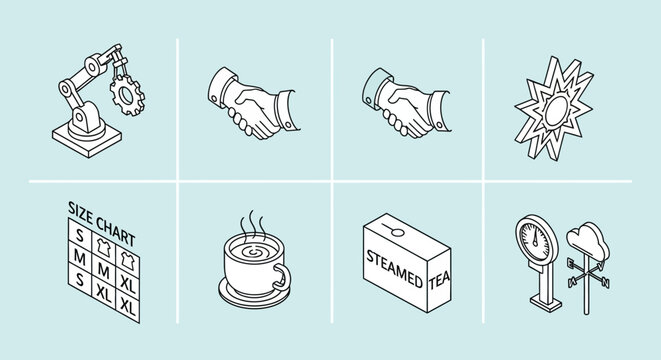Linear icons set: robotics, handshake, explosion, size chart, hot beverage, tea box, weather instruments - Powered by Adobe