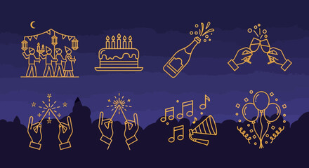 Celebration icons: birthday party outlines with cake, balloons, and music in festive style
