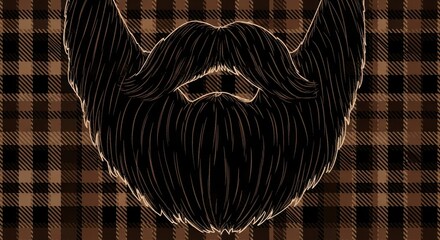 Stylized illustration of a full beard and mustache overlaying a dark brown plaid textile pattern