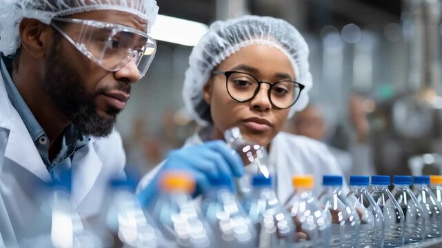 Two people in lab coats are looking at a row of bottles. One of the people is wearing a white hat