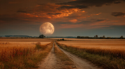 Country road winding through young wheat fields under a huge moon in the sky.
