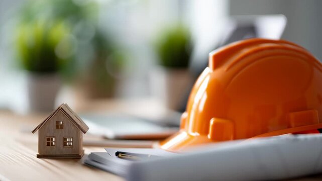 A small house is sitting on a table next to a hard hat and a pen. The scene suggests that someone is working on a construction project or a DIY project