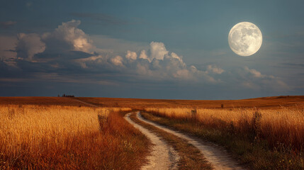 Country road winding through young wheat fields under a huge moon in the sky.
