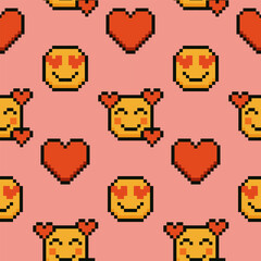 Playful pixel style love seamless pattern with hearts and smiley emojis. Perfect for Valentine designs, cute gifts, digital greetings, wrapping, textiles and romantic creative projects.