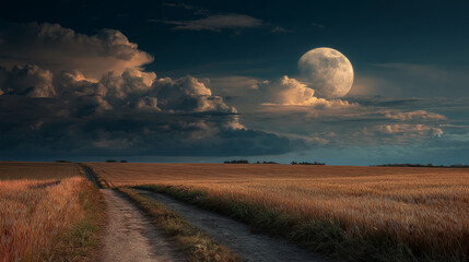 Country road winding through young wheat fields under a huge moon in the sky.
