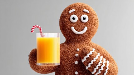A gingerbread man holding a glass of orange juice. Concept of joy and happiness, as the gingerbread man is smiling and holding a refreshing drink