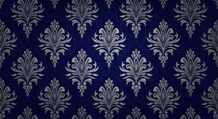Ornate silver damask pattern repeats across a dark blue textured background