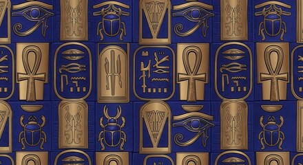 Embossed golden ancient symbols display prominently against a rich blue background in a repeating pattern.