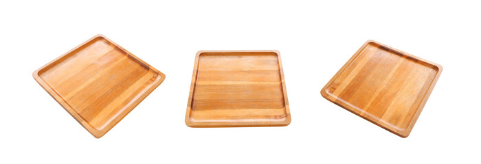 Empty 3 wooden square saucers isolated on transparent background, png file
