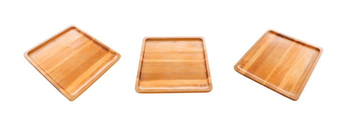 Empty 3 wooden square saucers isolated on transparent background, png file