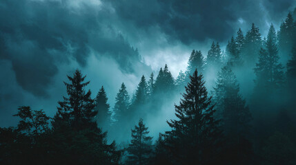 Dark green nighttime forest covered in mist and drifting clouds.
