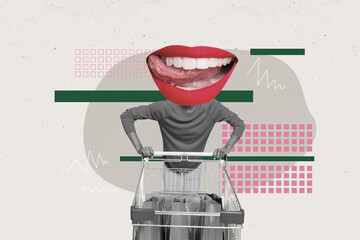 Composite image montage trend collage of mouth talking speech rumor lips person walk hold pushcart...