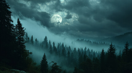 Dark green nighttime forest covered in mist and drifting clouds.

