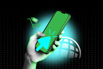 Creative poster banner 3d collage photo of human hand hold phone cursor click arrow cyber e-shopping black friday sale price