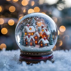 Illuminated christmas village snow globe, festive bokeh glow