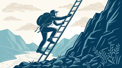 Adventurous climber ascends rugged mountain peak using ladder, conquering challenges and embracing the thrill of exploration in the great outdoors