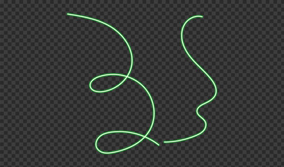 Bright green neon light tube forming abstract swirling shapes on a dark background