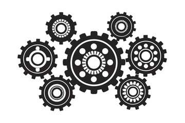 Several black gear icons are meshing and interlocking on a white background to create movement