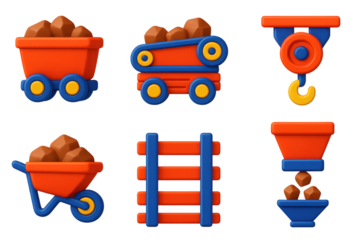 Collection of six different train-related icons, including a train, a crane