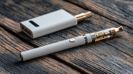 Electronic cigarette technology showcasing the IQOS heated-tobacco system. Close-up of an electric hybrid cigarette with a built-in heating pad. 