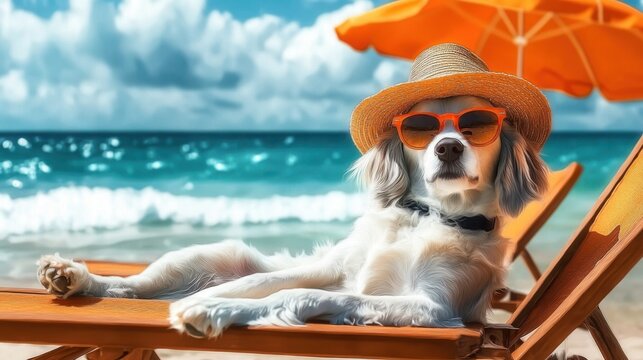 Relaxed dog wearing sunglasses and hat lounging on beach chair by ocean waves