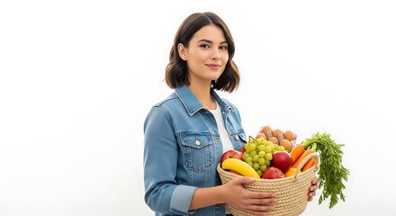 Woman holding a basket of fresh groceries against a white background