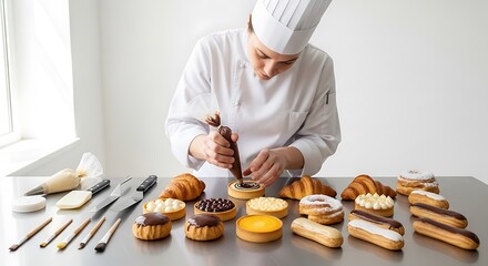 Pastry chef decorating a delicious tart with chocolate in a professional kitchen