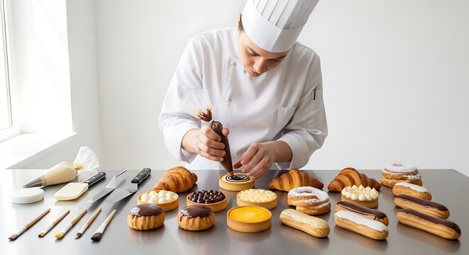 Pastry chef decorating a delicious tart with chocolate in a professional kitchen