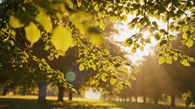 Golden Sunlight Rays Through Summer Tree Leaves, Serene Park Alley Background with Lens Flare. AI Generated